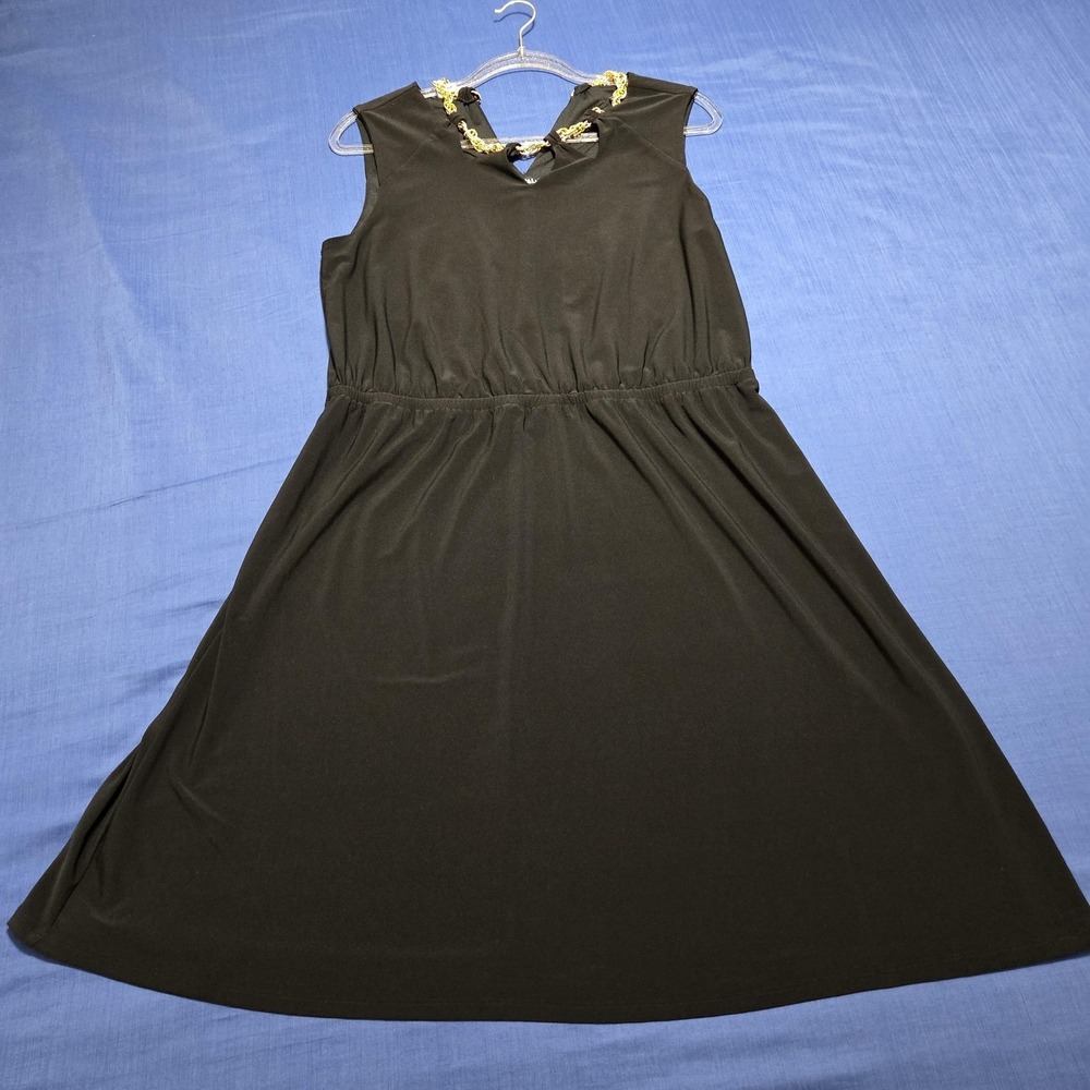 Roz & Ali Dress Womens L Black Chain Strap High Neck Fit & Flare Party Cocktail